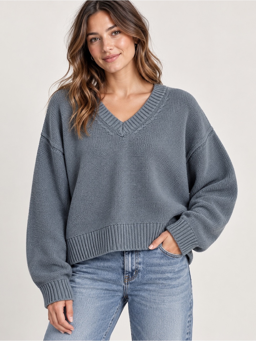 Free People V-Neck Sweater in Charcoal, size M (oversized)